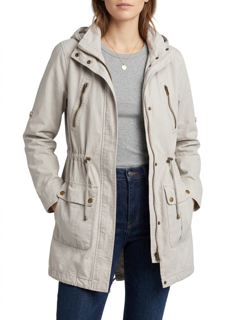 G.H. Bass & Co. Utility Anorak Jacket Hooded Drawstring Cotton Stone Grey M